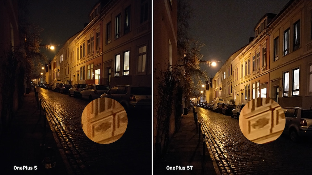 OnePlus 5T: Praxis-Test, Kamera, technische Daten, Release, Preis Aufnahme bei Nacht: Links mit der Kamera des OnePlus 5, rechts mit dem OnePlus 5T. Fazit: Das 5T zeigt weniger Rauschen, liefert eine etwas höhere Helligkeit, allerdings wirken Details auch etwas geglättet. 