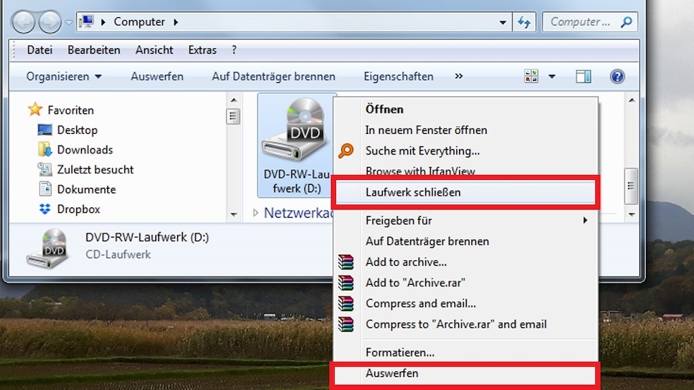 Windows 7/8/10: CD-/DVD-Laufwerk per Kontextmenü schließen