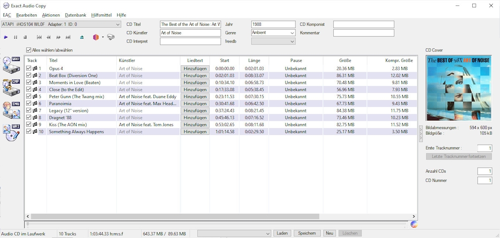 Screenshot aus Exact Audio Copy (EAC)