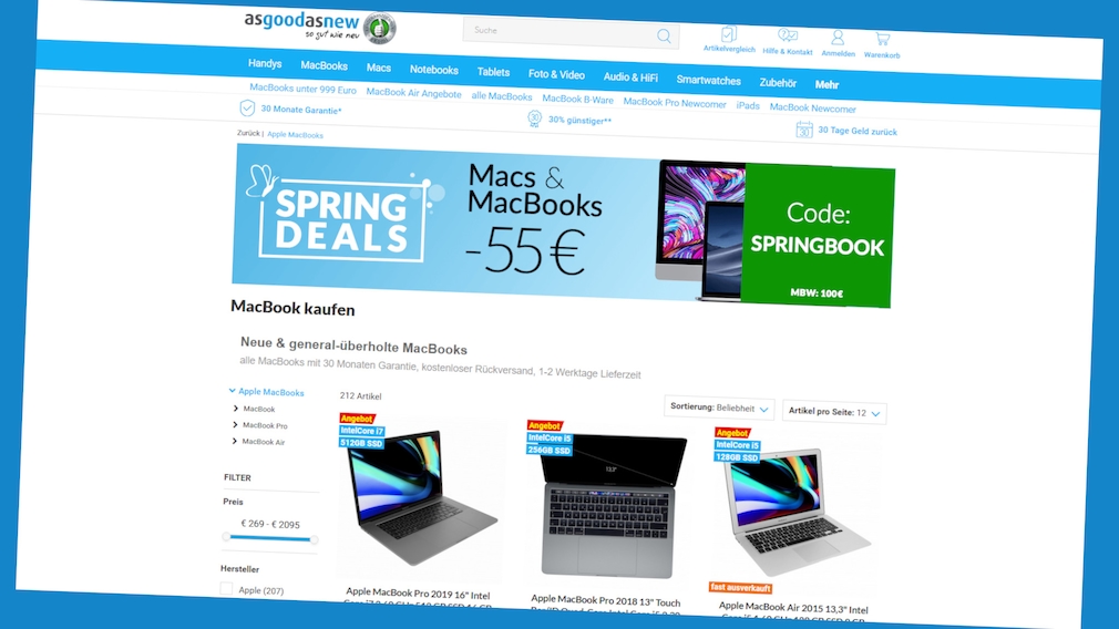 Asgoodasnew: Günstige Spring-Deals bei MacBooks und Macs Spring-Deals bei Asgoodasnew: General-überholte MacBooks und Macs mit einem Preisvorteil von 55 Euro zusätzlich. 