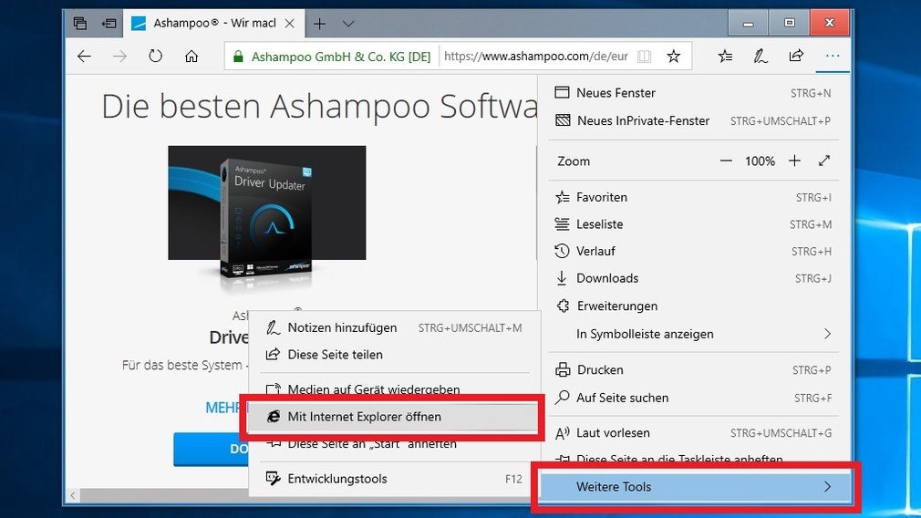 Windows 10 1809: Internet Explorer öffnet per Kontextmenü Edge