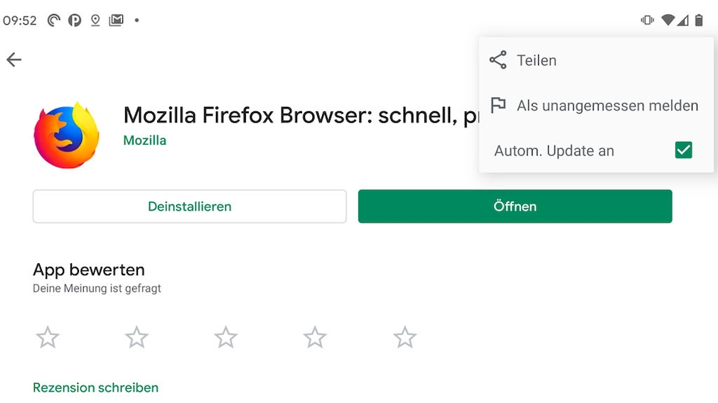 Firefox-Update: Fragen und Antworten zum Mozilla-Browser Aktivieren Sie im Google Play Store die Option „Autom. Update an”, aktualisiert sich die Firefox-App unter Android selbstständig. 
