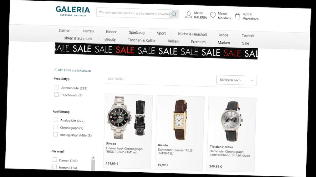 Galeria: Armbanduhren jetzt online 50 Prozent günstiger 50 Prozent Ermäßigung: Echte Uhren-Schnäppchen lassen sich aktuell im Webshop von Galeria machen.