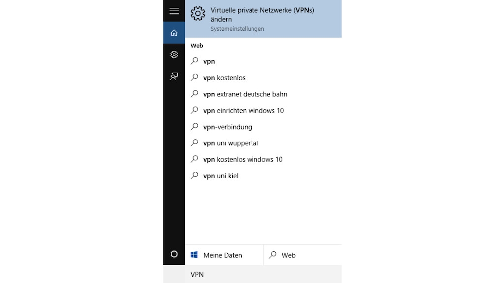 VPN mit Windows 10: Tippen Sie auf die Windows-Taste + S und geben Sie VPN ein. Dann klicken Sie auf  