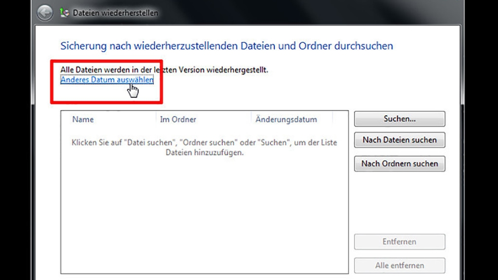 Windows-7-Backup: Dateien wiederherstellen – Anderes Datum auswählen
