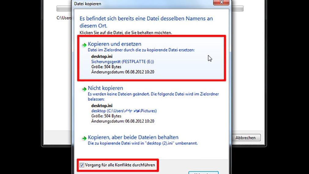 Windows-7-Backup: Dateien wiederherstellen – Dateikonflikt