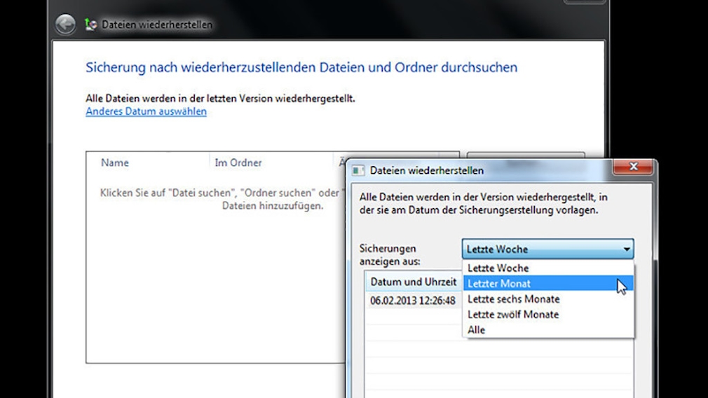Windows-7-Backup: Dateien wiederherstellen – Sicherung auswählen