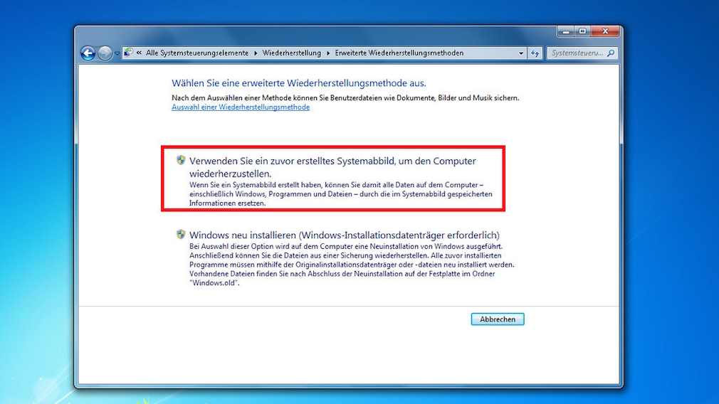 Windows-7-Backup: Image zurückspielen – Erweiterte Wiederherstellungsmethoden