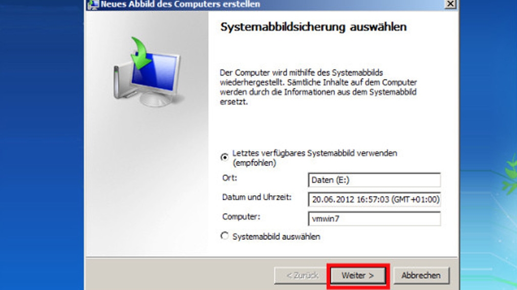 Windows-7-Backup: Image zurückspielen – Image zurückspielen