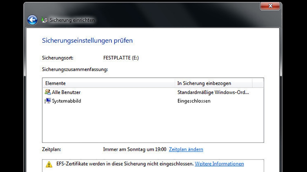 Windows-7-Backup: Schnellsicherung – Sicherungseinstellungenprüfen