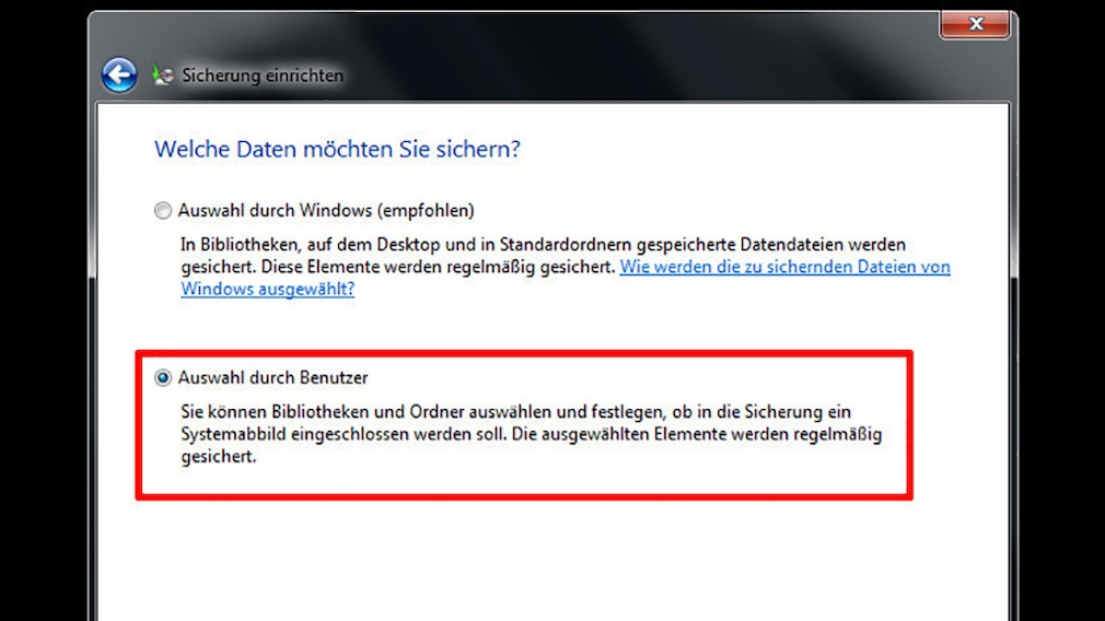 Windows-7-Backup: Sicherungsplan – Auswahl durch den Benutzer