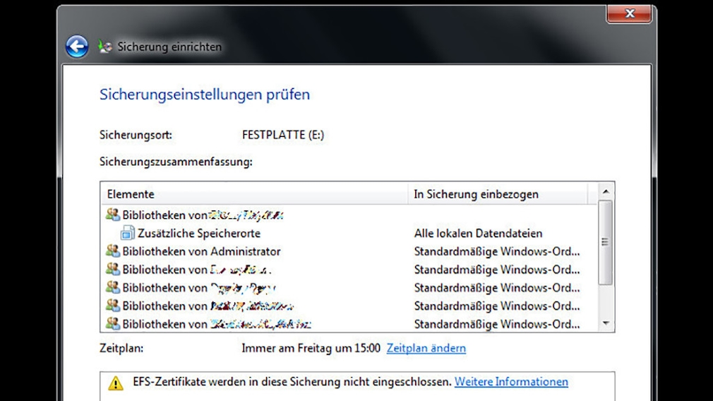 Windows-7-Backup: Sicherungsplan – Änderungen abschließen