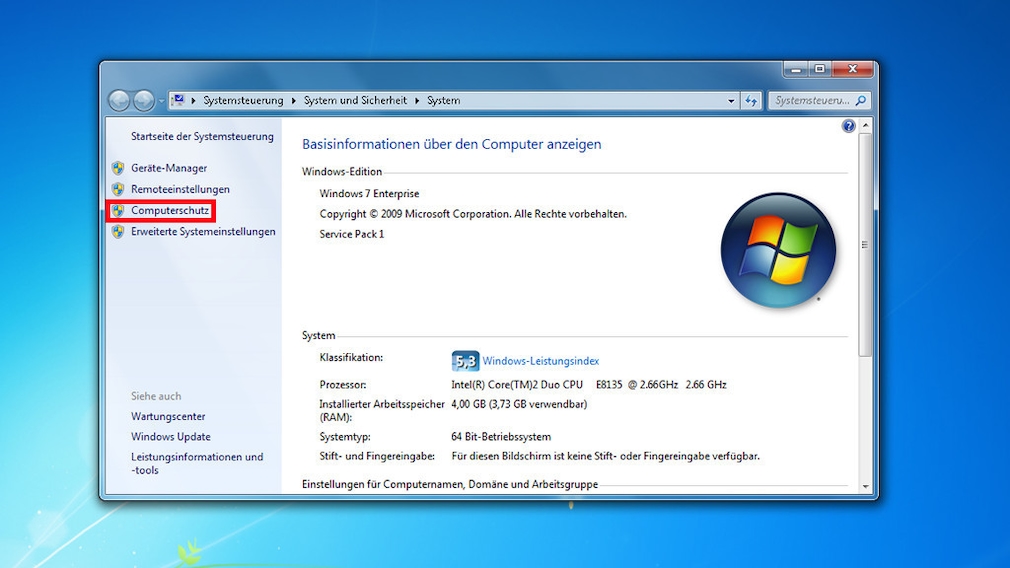 Windows-7-Backup: Windows zurücksetzen – Computerschutz öffnen