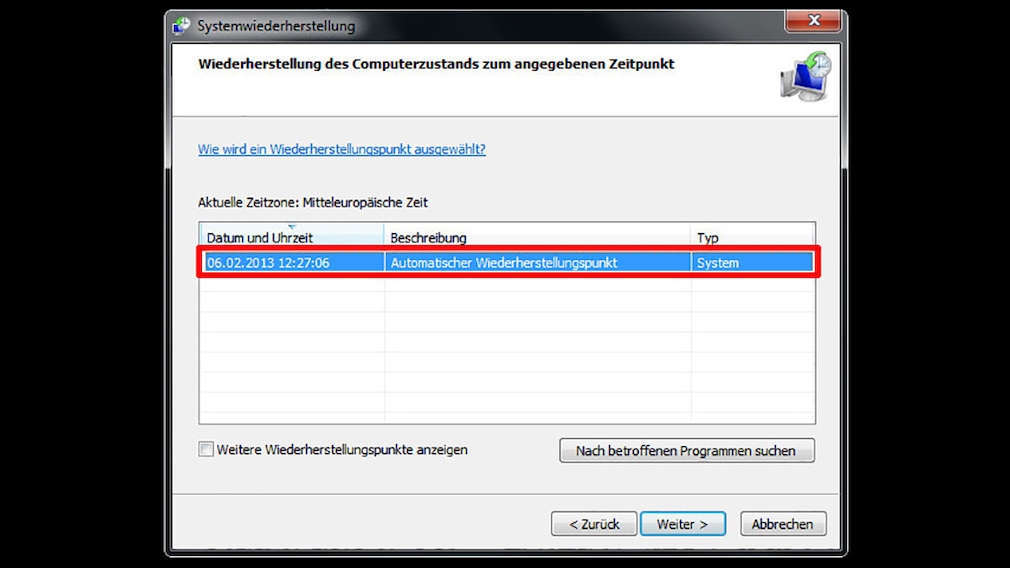 Windows-7-Backup: Windows zurücksetzen – Wiederherstellungspunkt auswählen