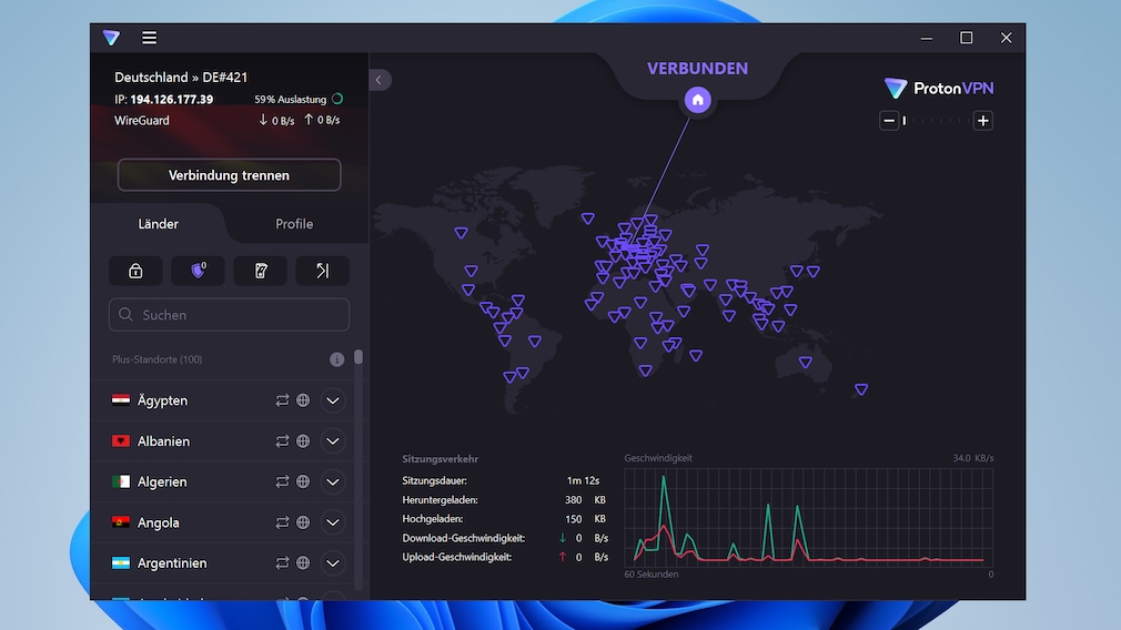 Proton VPN: Menü mit Weltkarte