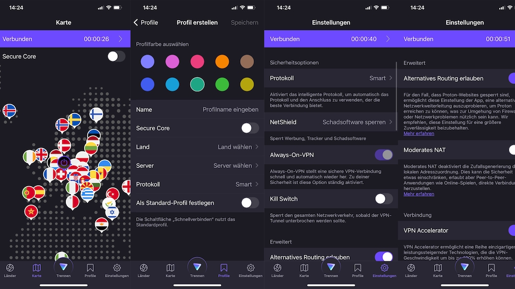 Proton VPN: Menüs unter iOS