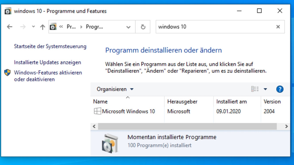 Windows 7/8/10/11: Kann man Windows deinstallieren? Eine Windows-10-Deinstallation, wie hier gezeigt, ist nicht möglich  der Eintrag im Screenshot basiert auf einem Registry-Hack und dient der Illustration.
