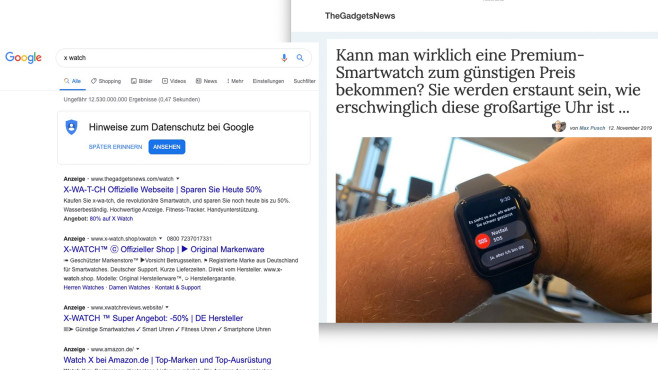 Screenshots von Google und TheGadgetNews zum Thema X Watch © Screenshot: Google, TheGadgetNews
