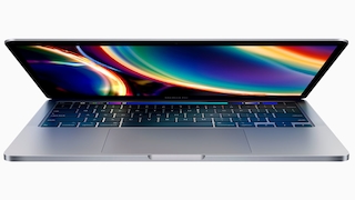 Halb geöffnetes MacBook Pro vor grauem Hintergrund