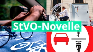 Auto- und Radfahrer hinter dem Wort StVO-Novelle