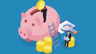 Illustration eines Sparschweins mit einer Person, die Geld einwirft