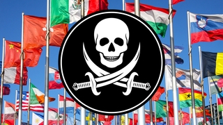 Totenkopfbild mit Säbeln vor Länderflaggen