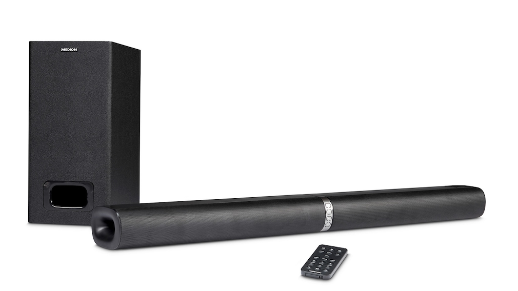 Cheap soundbar at Aldi: The Medion P61220 (MD 44202) always fits!  The scope of delivery of the Medion P61220 soundbar includes a remote control in addition to the subwoofer. 