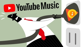 Grafik: Mensch zieht Stecker, daneben YouTube-Music-Logo