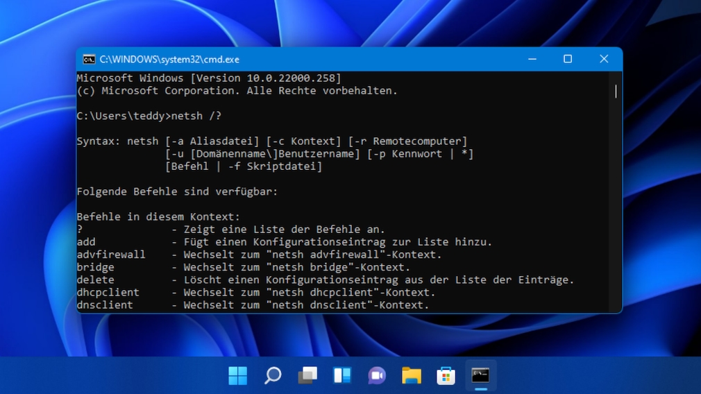 Windows 7/8/10/11: netsh - the best commands for the network shell for WLAN & Co. With netsh you can tap into some of the system's own network functions.  In the CMD console run netsh with the parameter "/?" you will get an overview of the possibilities. 