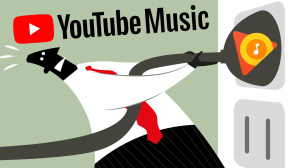 Grafik: Mensch zieht Stecker, daneben YouTube-Music-Logo © iStock.com/Planet Flem, Google