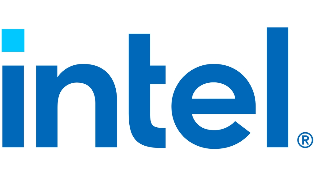 Intel-Logo vor weißem Hintergrund