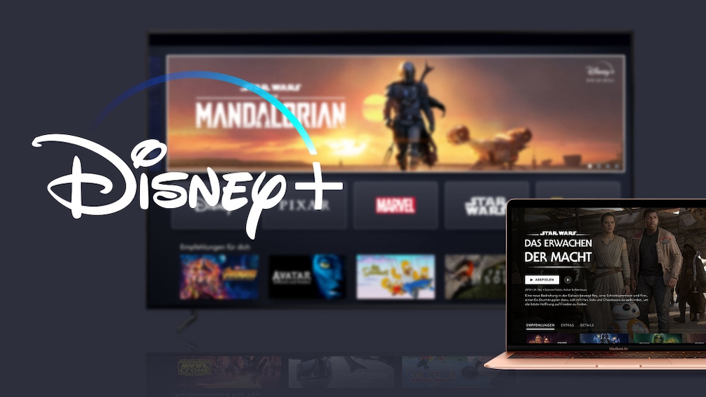 Disney+ Logo und App geöffnet auf TV und Laptop