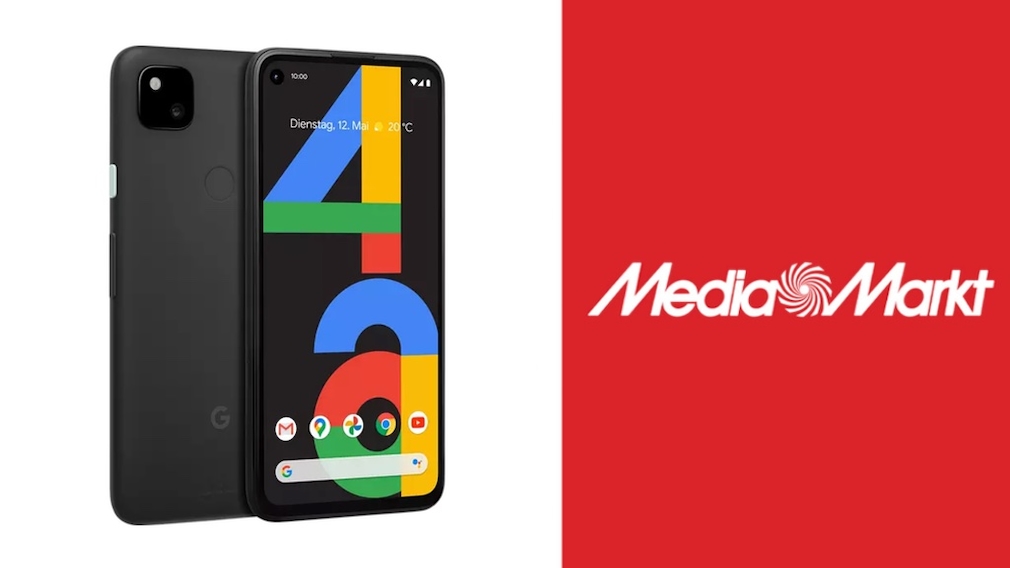 Google Pixel 4a neben Media-Markt-Logo