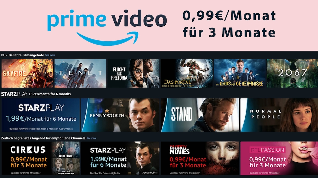 Amazon Prime Video Channels: Drei Monate für je 99 Cent Streaming-Freunde, aufgepasst: Amazon haut mehrere über Prime Video verfügbare Channels aktuell zum Spitzenpreis raus.