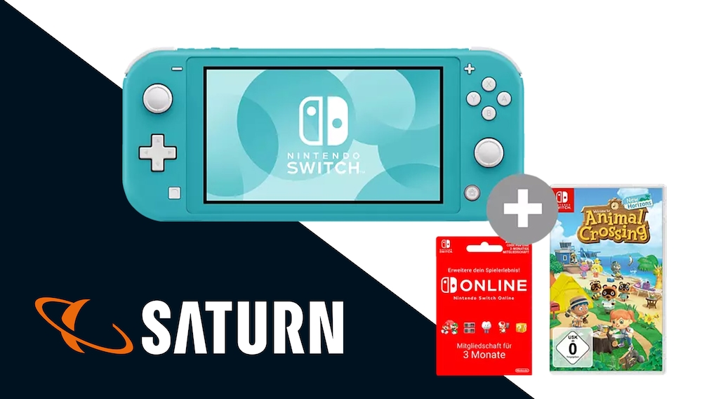 Türkise Nintendo Switch Lite mit Spiel und Mitgliedschaftskarte