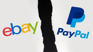 Ebay- und PayPal-Logo mit zerrissenem Papier in der Mitte
