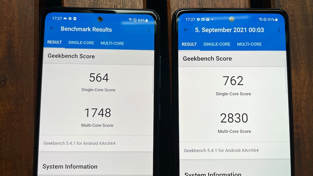 Geekbench benchmark comparison: Galaxy A52 vs. A52S