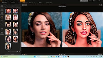 Screenshot der Funktion Cartoon aus Porträt machen mit geteiltem Bildschirm: Links das Ausgangsfoto, rechts das Ergebnis.