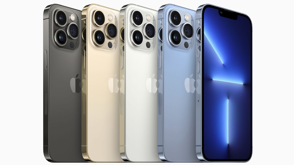 iPhone 13 Pro in vier Farben vor grauem Hintergrund