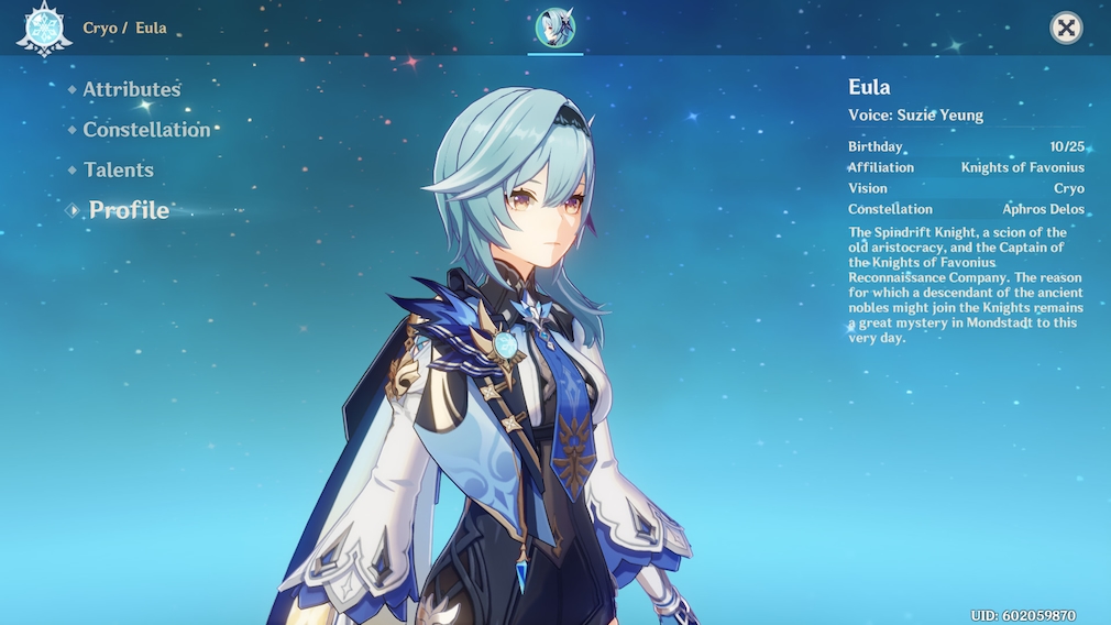 The blue-haired knight Eula in Genshin Impact.
