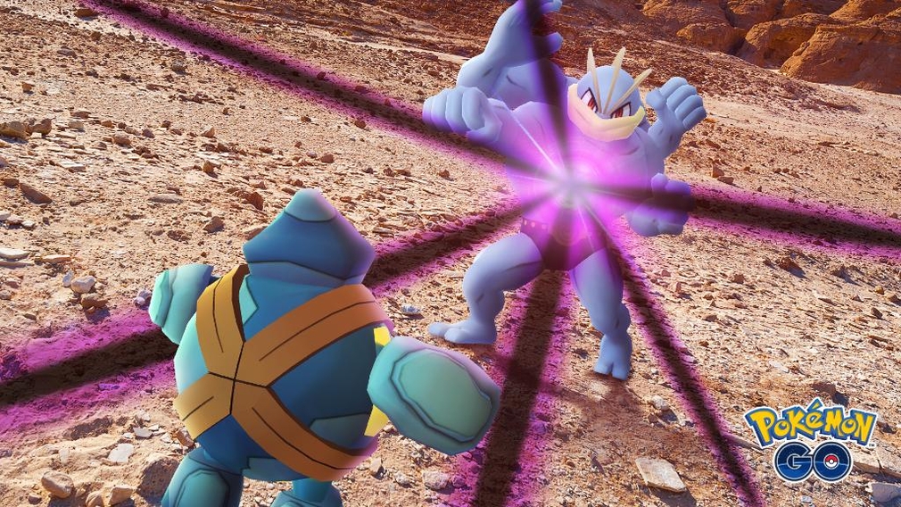 Ein Kampf zwischen zwei Pokémon mit Lichteffekten.