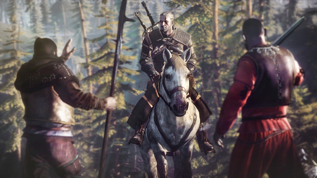 The Witcher on a horse speaks to two men in front of him.