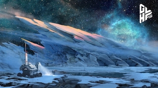 Panorama eines eisigen Planeten mit einem Roboter im Vordergrund.