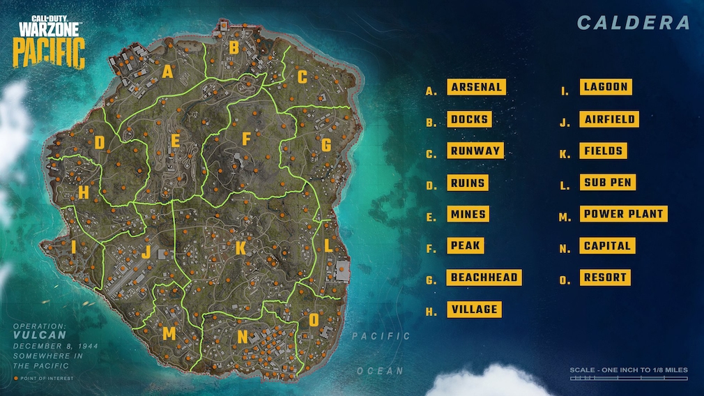 A map of the caldera with legend to the important places.