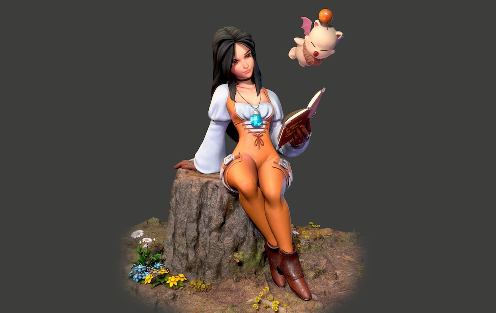 Model of a young woman leaning against a tree stump.