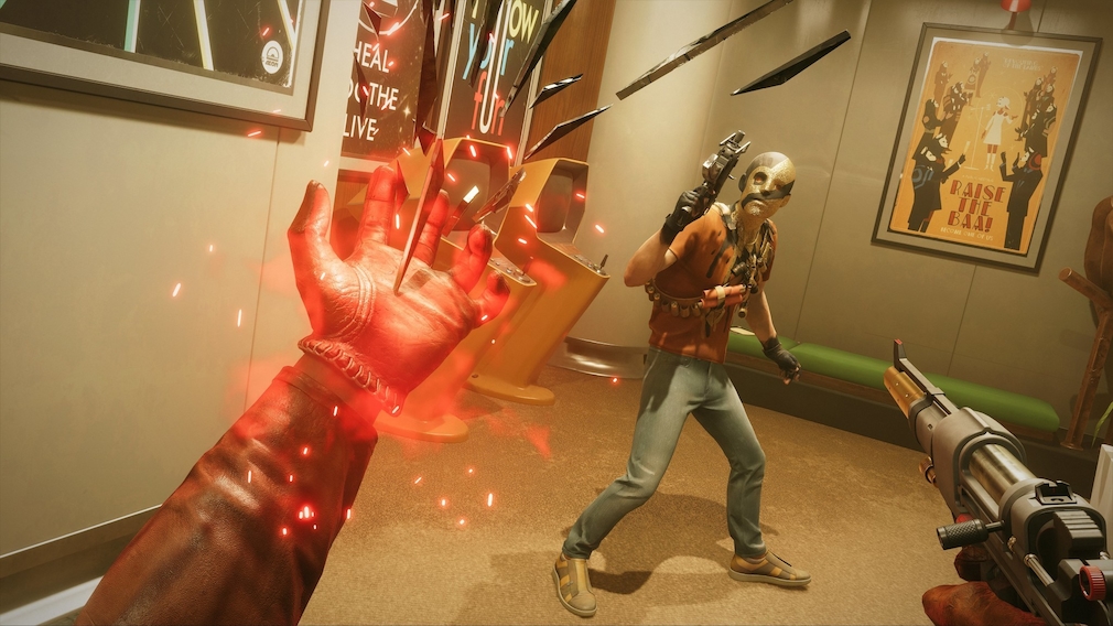 A hand surrounded by red energy and a revolver from the first person perspective.