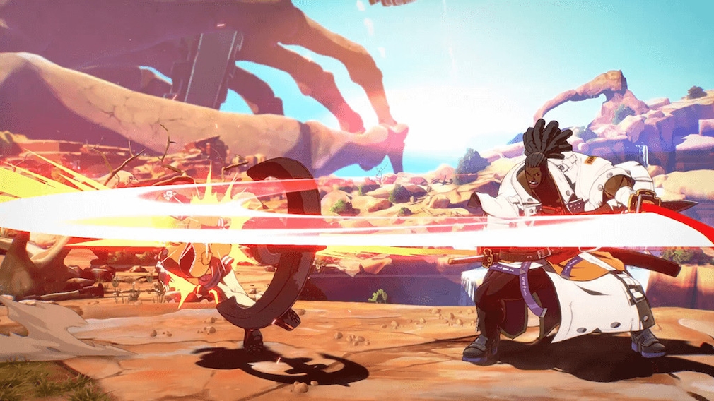 A swordsman fights a monster in a desert.