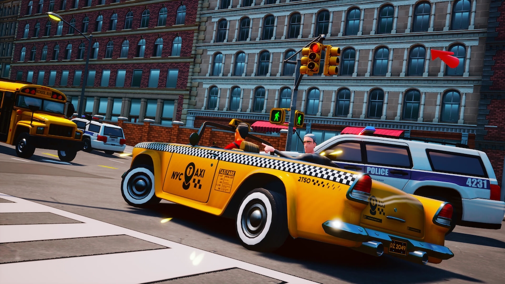 A yellow taxi on a street.