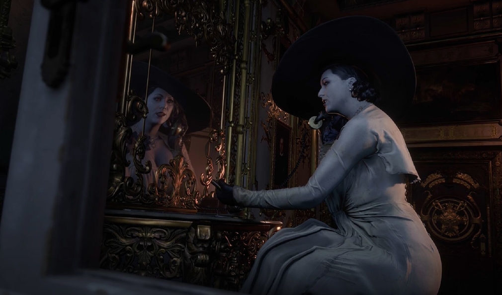 Vampire Lady Dimitrescu in a white nightgown in front of a mirror.