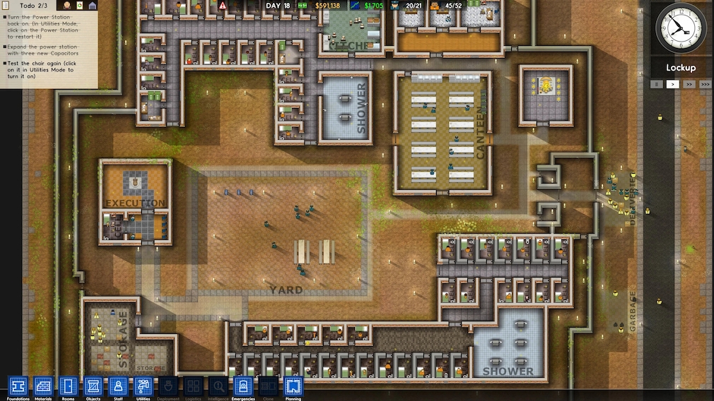 View of a prison in Prison Architect.